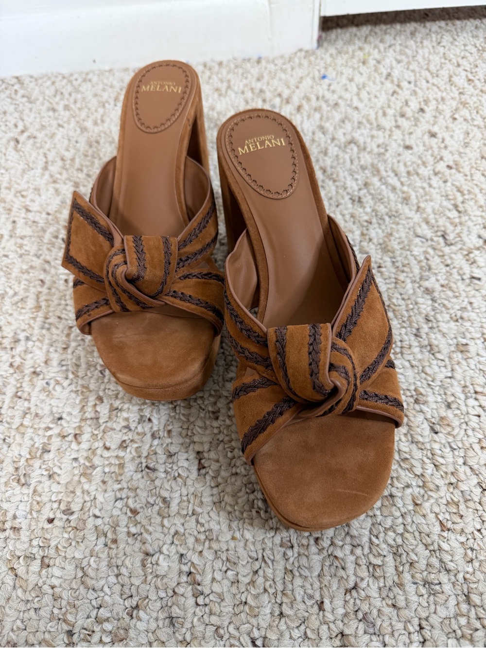 ANTONIO MELANI Cognac Knot Suede Slide Mules 10M